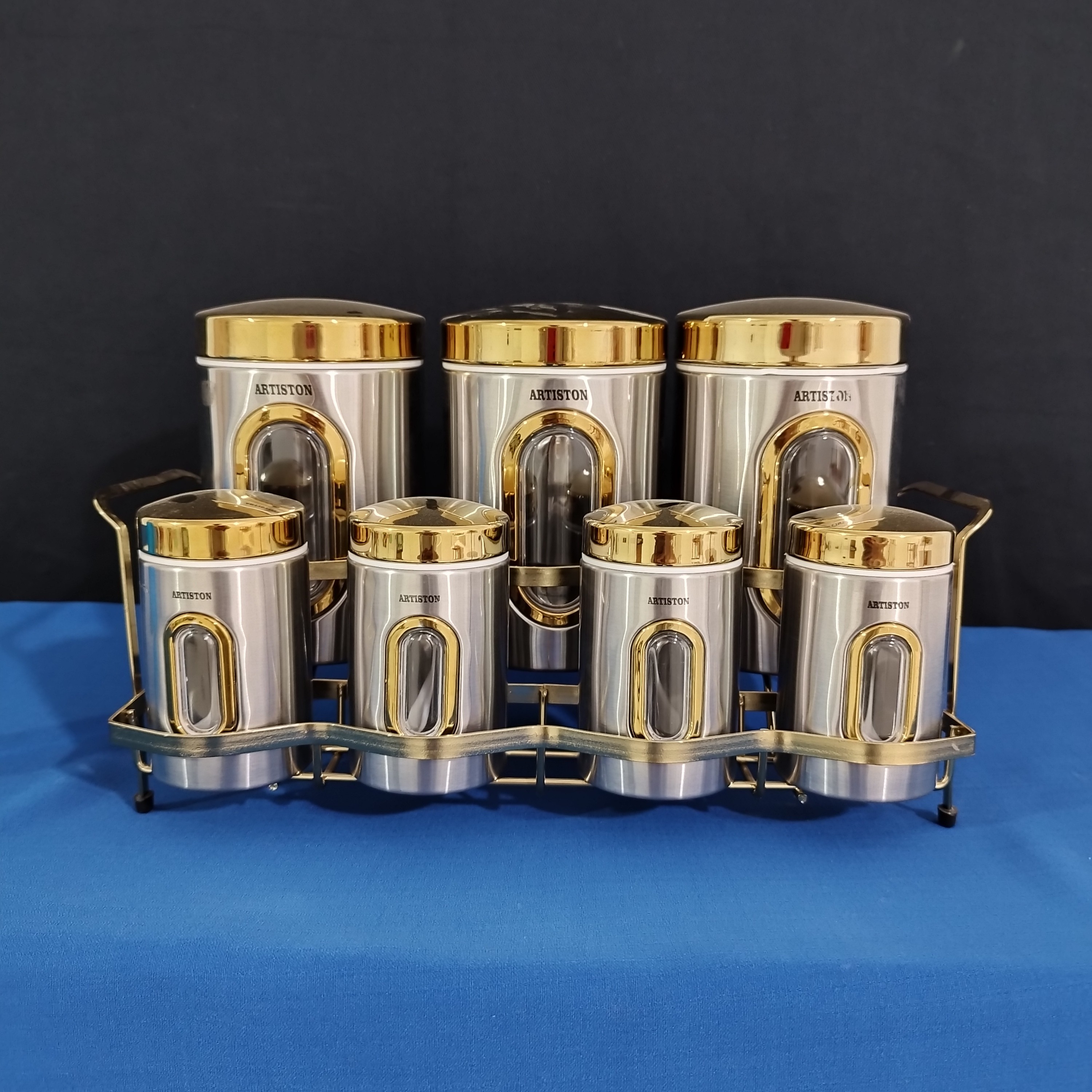 ست 8 پارچه ادویه و حبوبات استیل آرتیستون درب طلایی کد 8546