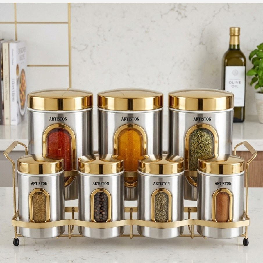 ست 8 پارچه ادویه و حبوبات استیل آرتیستون درب طلایی کد 8546