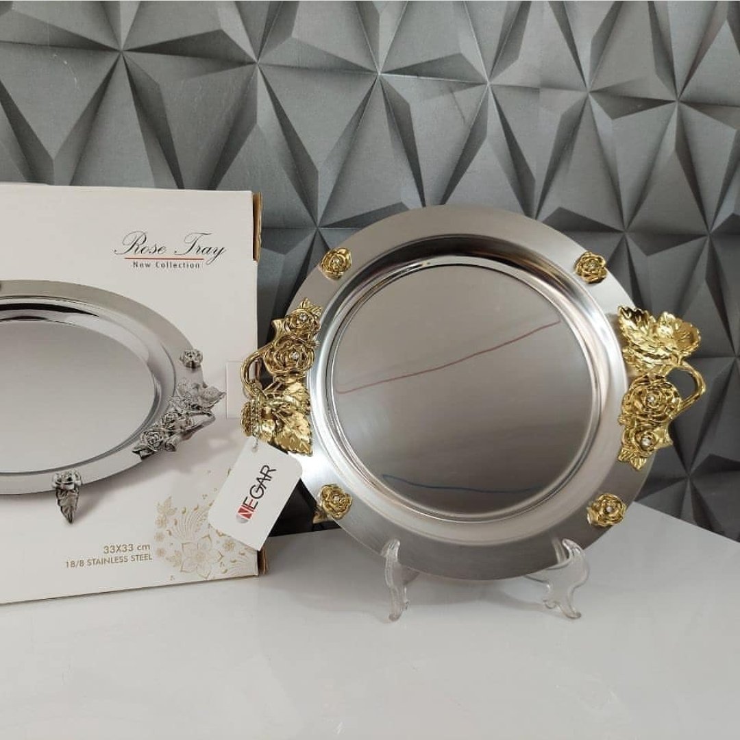 سینی استیل نگار گرد کوچک مدل رز کد 308 گل طلا