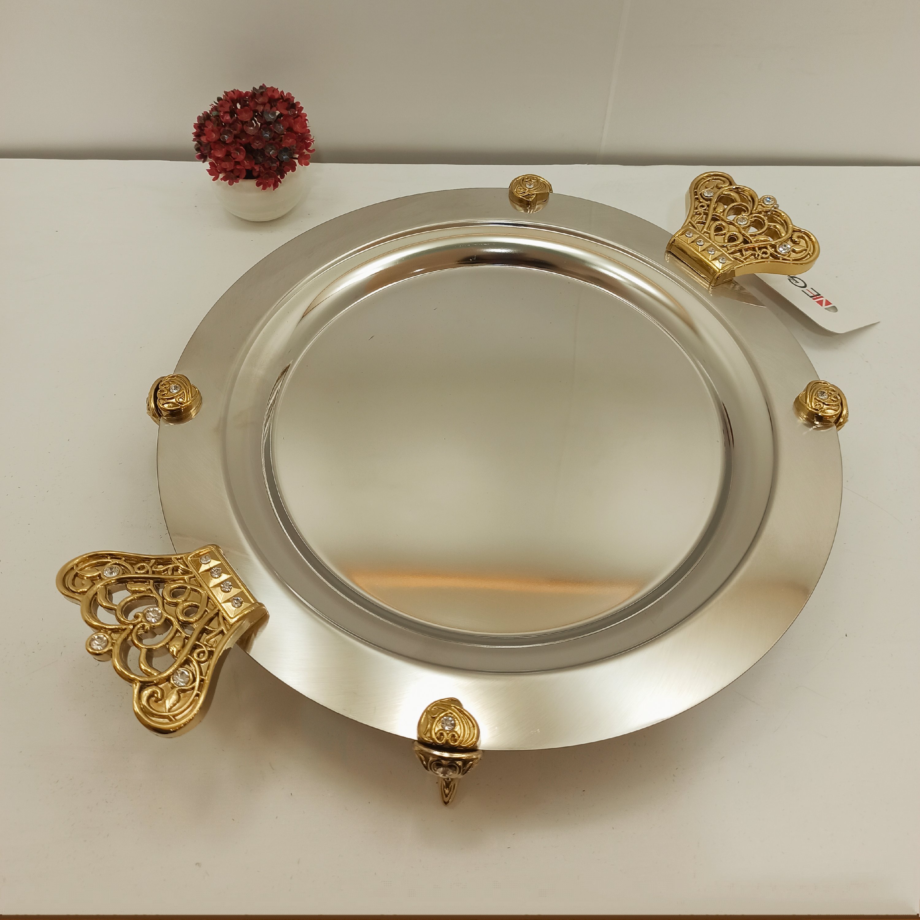 سینی استیل نگار کوچک گرد کد 422 مدل تاج طلایی